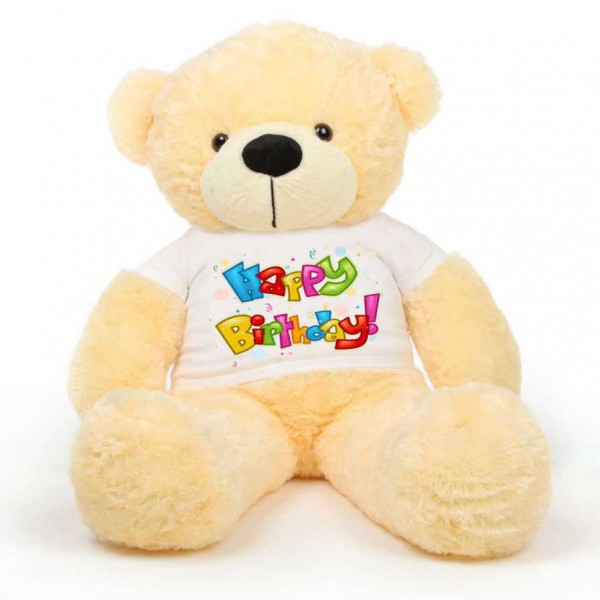 Peach 5 feet Big Teddy Bear wearing a Colorful Happy Birthday T-shirt